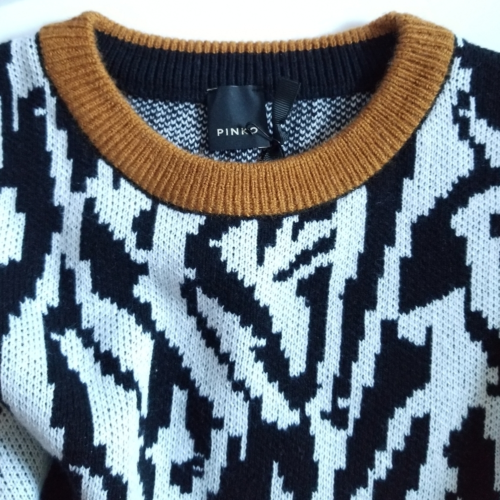 Pinko Jacquard Zebra Crewneck Slit Elbow Sweater Size Small Black White - Picture 3 of 7
